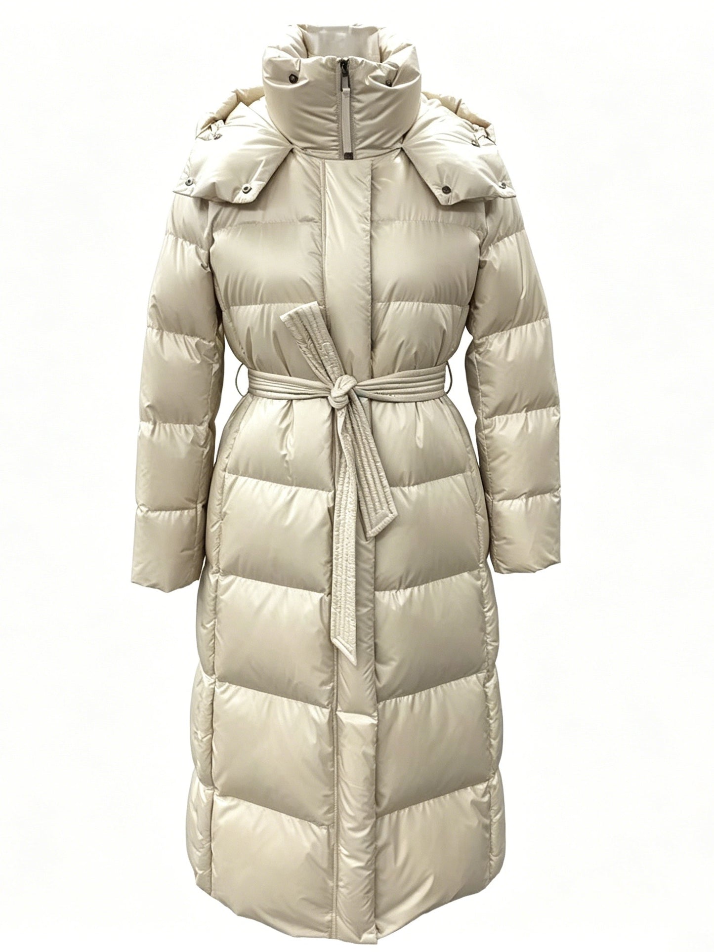 LONG GLOSSY BELTED DOWN COAT