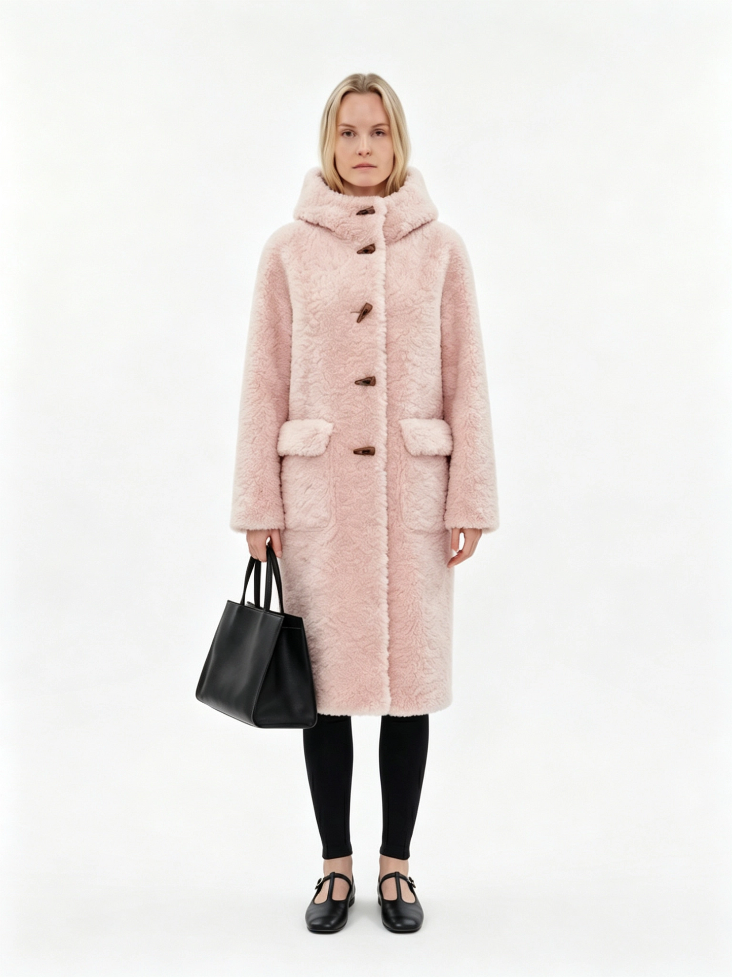 HOODED HORN BUTTON LONG FLUFFY WOOL COAT