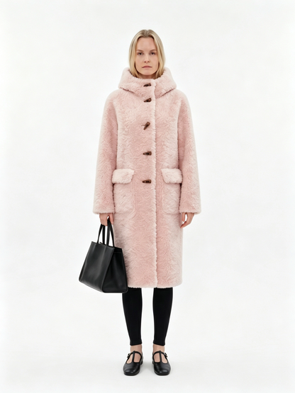 HOODED HORN BUTTON LONG FLUFFY WOOL COAT
