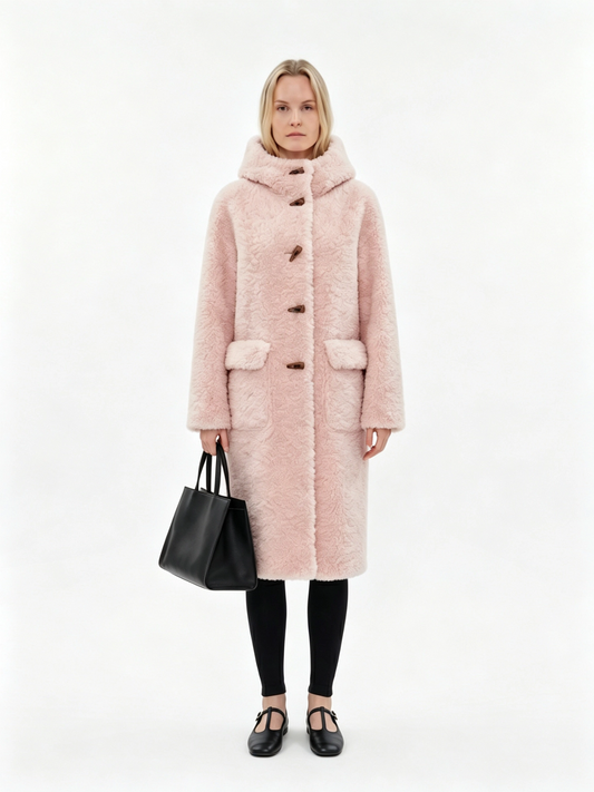 HOODED HORN BUTTON LONG FLUFFY WOOL COAT