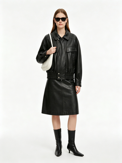 LAPEL MULTI-POCKET SHORT LEATHER JACKET