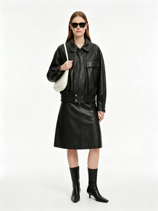 LAPEL MULTI-POCKET SHORT LEATHER JACKET