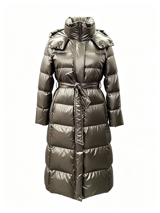 LONG GLOSSY BELTED DOWN JACKET