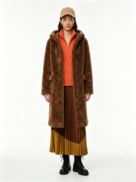 HOODED HORN BUTTON LONG FLUFFY WOOL COAT