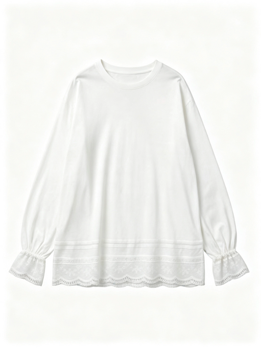 LACE TRIM LONG SLEEVE KNIT TOP