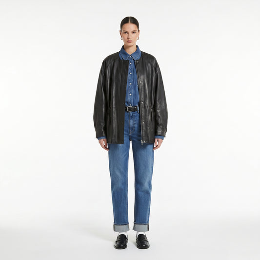 CREW NECK SHORT LEATHER JACKET