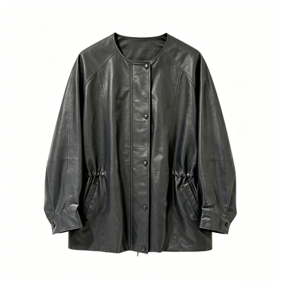 CREW NECK SHORT LEATHER JACKET