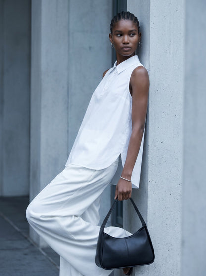 COLLARED TIE-WAIST SLEEVELESS BLOUSE