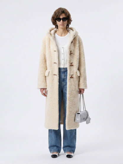 HOODED HORN BUTTON LONG FLUFFY WOOL COAT
