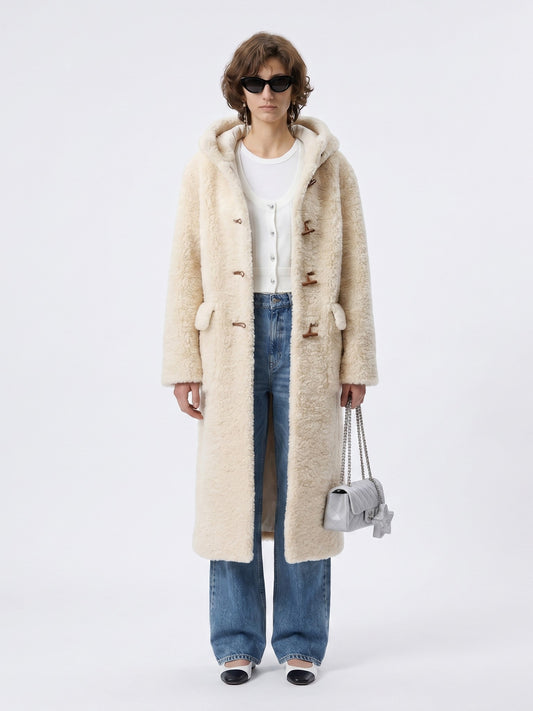 HOODED HORN BUTTON LONG FLUFFY WOOL COAT