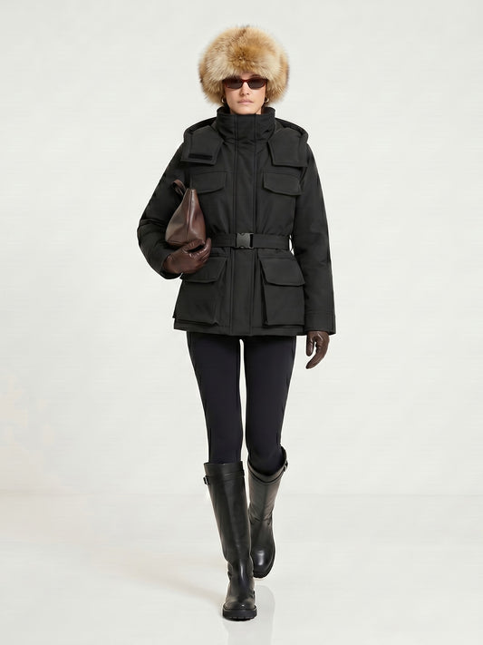 HOODED BELTED UTILITY DOWN COAT