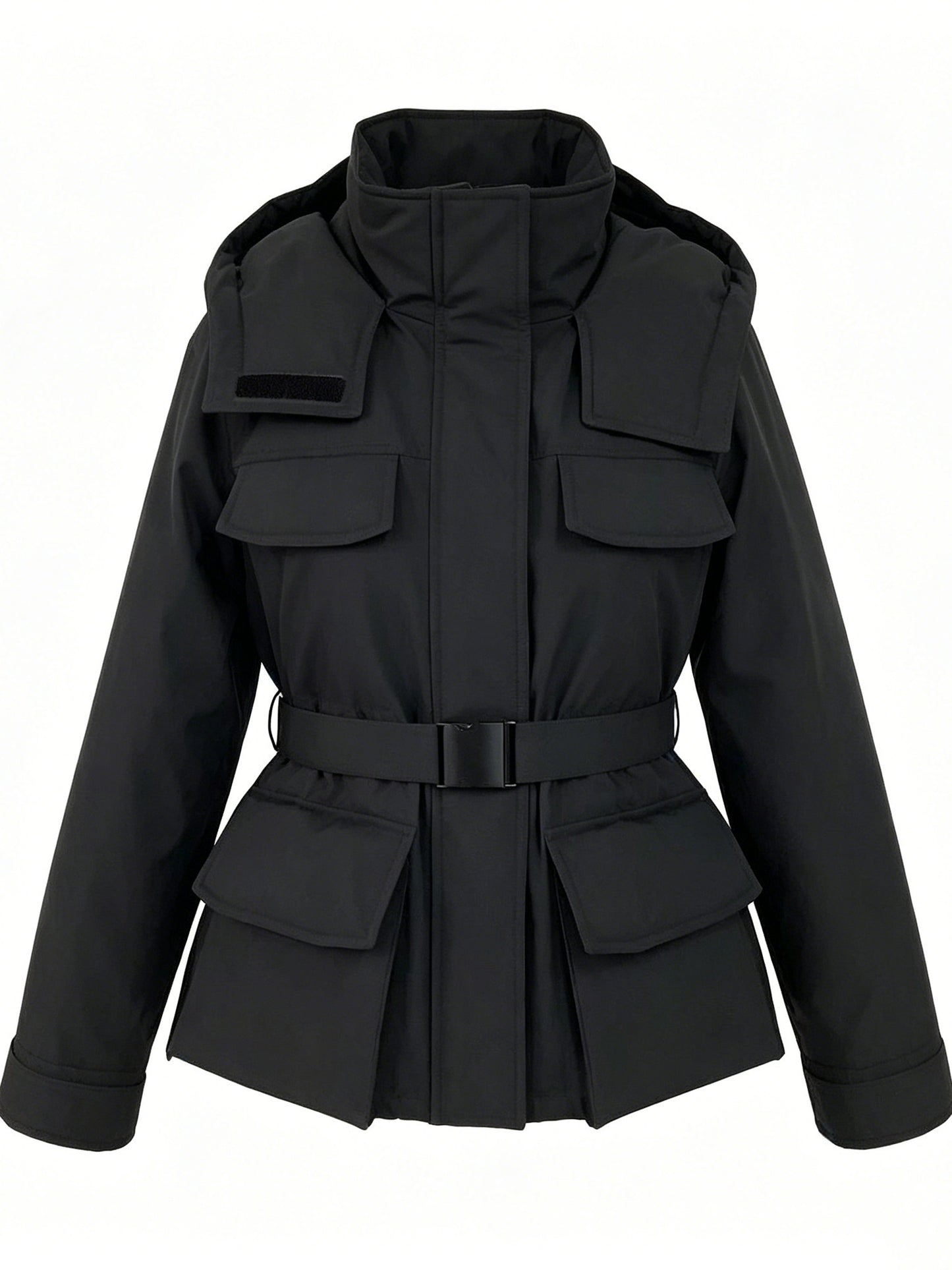 HOODED BELTED UTILITY DOWN COAT