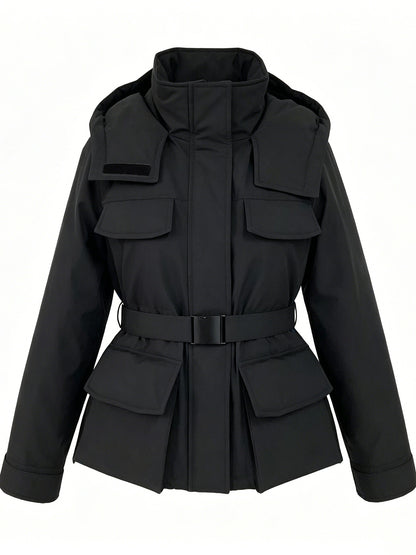 HOODED BELTED UTILITY DOWN COAT