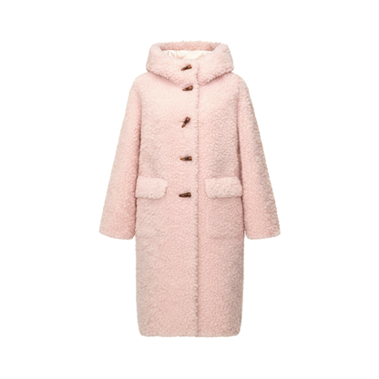 HOODED HORN BUTTON LONG FLUFFY WOOL COAT