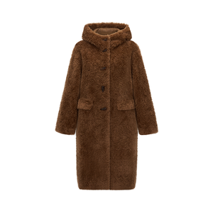 HOODED HORN BUTTON LONG FLUFFY WOOL COAT