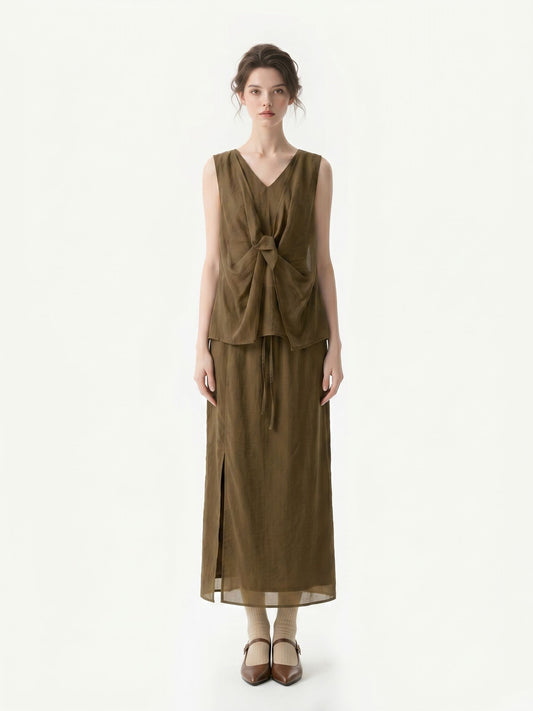 KHAKI BROWN HIGH WAIST SKIRT