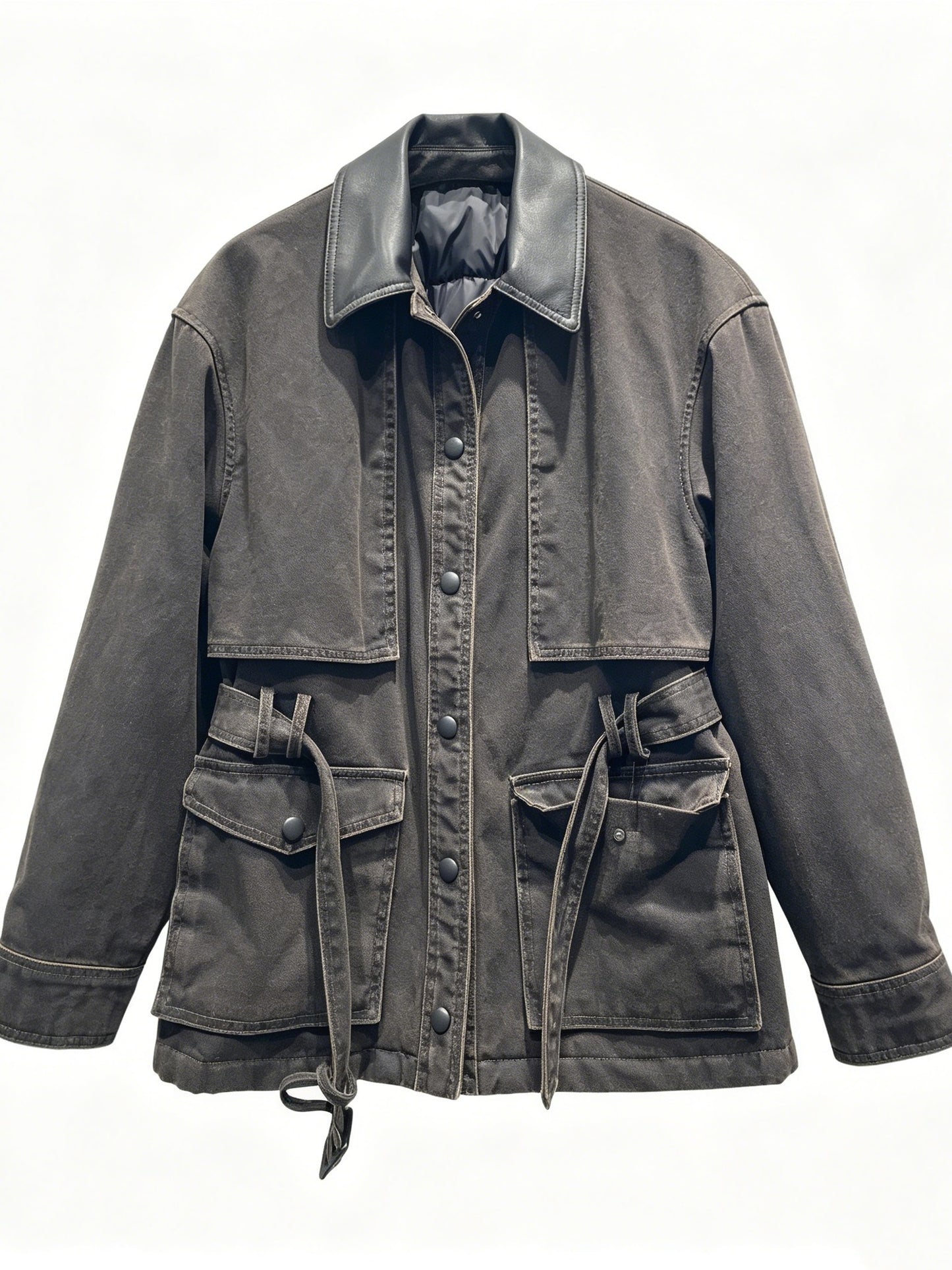 DISTRESSED UTILITY LEATHER COAT