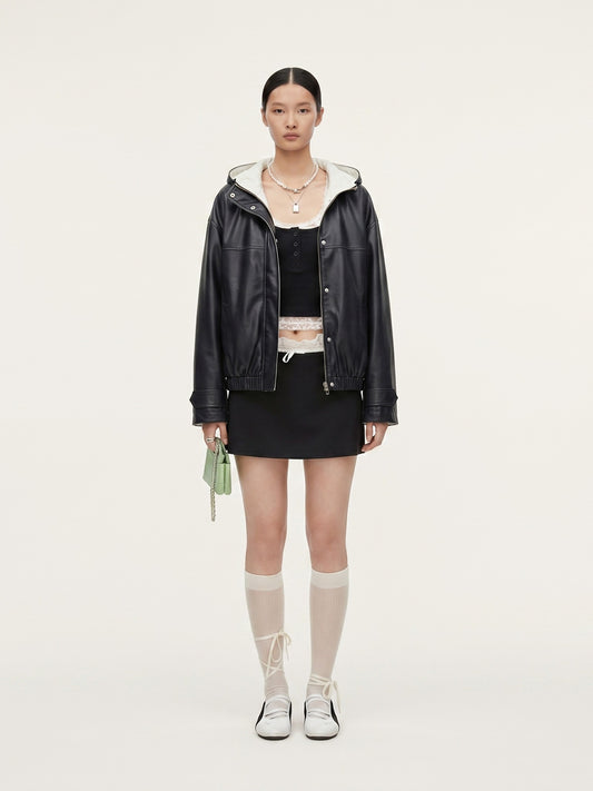 HOODED SHORT LEATHER JACKET