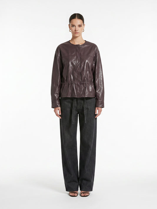 CREW NECK WAISTED SHORT LEATHER JACKET