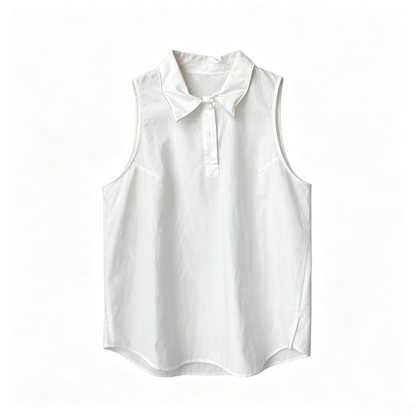 COLLARED TIE-WAIST SLEEVELESS BLOUSE