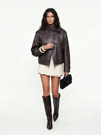 STAND COLLAR SHORT LEATHER JACKET