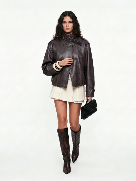 STAND COLLAR SHORT LEATHER JACKET