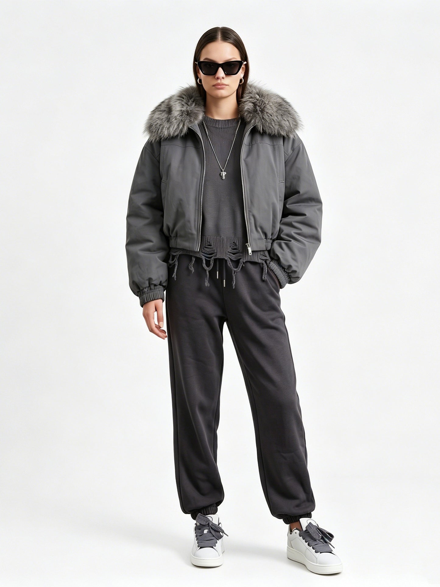 SHORT WAISTED PADDED COAT W BIG FUR