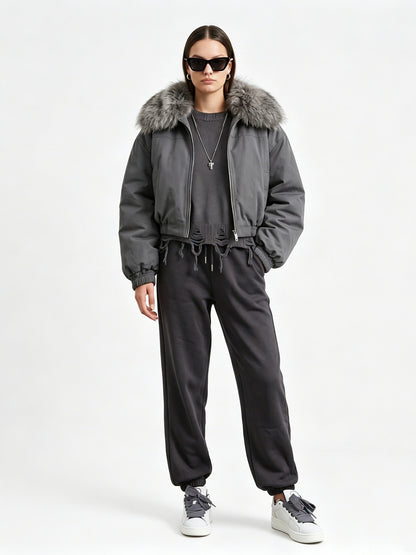 SHORT WAISTED PADDED COAT W BIG FUR