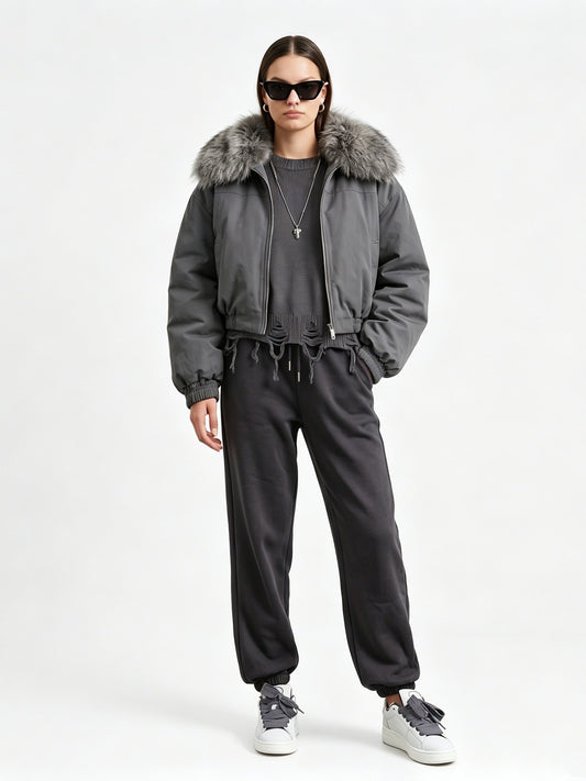 SHORT WAISTED PADDED COAT WITH BIG FUR