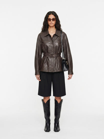 LAPEL BELTED LEATHER JACKET