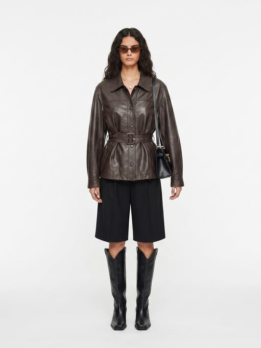 LAPEL BELTED LEATHER JACKET