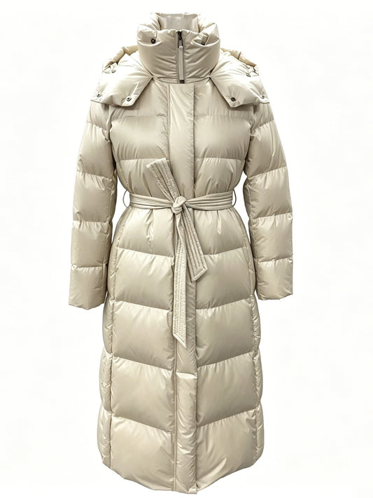LONG GLOSSY BELTED DOWN COAT
