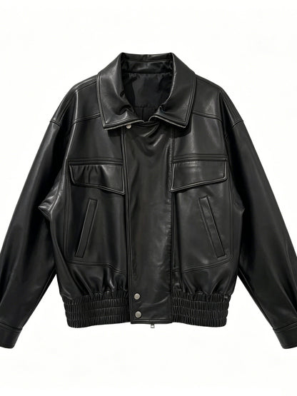 LAPEL MULTI-POCKET SHORT LEATHER JACKET