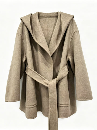 HOODED WAISTED WOOL COAT