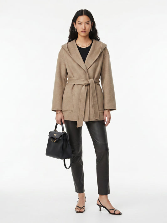 HOODED WAISTED WOOL COAT