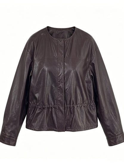 CREW NECK WAISTED SHORT LEATHER JACKET